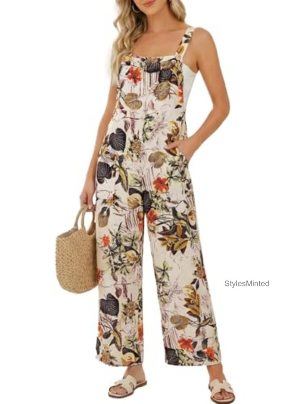 YOINS Floral Cotton Wide Leg Overalls Sleeveless Boho Summer Jumpsuit